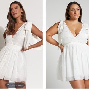 Showpo. Karalyn Mini Dress - Bow Strap Plunge Pearl, 12